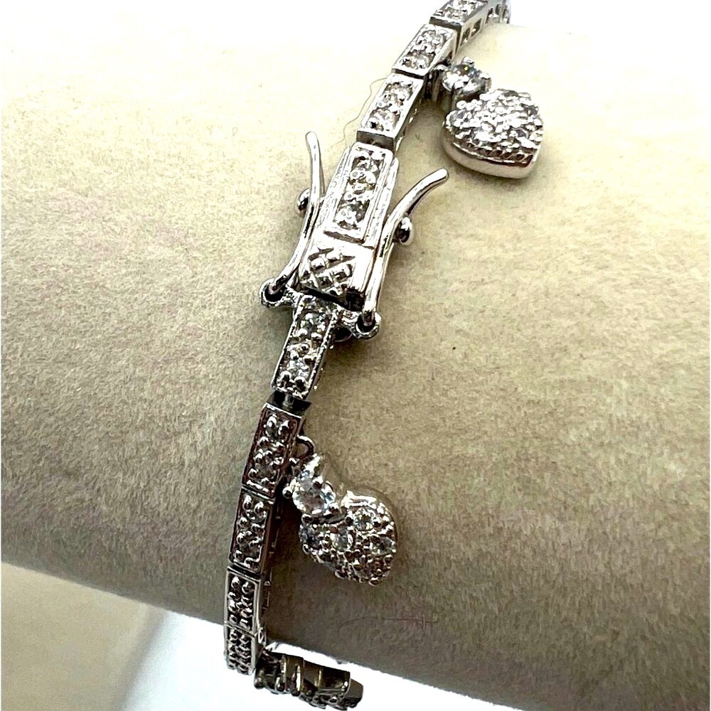 925 Sterling Silver Bracelet With Heart & Star Charms Cubic Zirconias M12 - Picture 4 of 7
